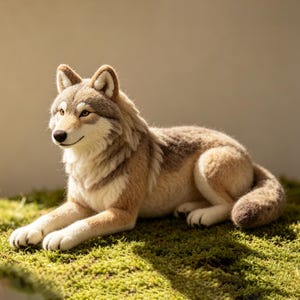 Könnte beinhalten: Handgefertigte, lebensechte Wolfsfigur in entspannter Pose. Der Wolf hat eine Mischung aus brauner, beiger und weißer Wolle, mit detaillierten Gesichtszügen und bernsteinfarbenen Augen. Er liegt auf einem Bett aus leuchtend grünem Moos.