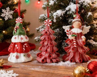 Polymer Clay Angel Statues, Red and White Candy Cane Decorations, Unique Home Tree Decor