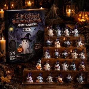May include: A Little Ghost Halloween Vacation 2026 advent calendar box featuring a ghost illustration, accompanied by 24 small collectible ghost figurines wearing witch hats, each displaying unique poses and accessories like pumpkins and cauldrons.