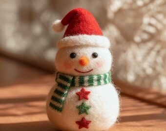 Handmade Felt Snowman Christmas Decor | Cute Needle Felted Snowman Plush with Red Hat & Blue Scarf | Holiday Home Ornament | Christmas Gift
