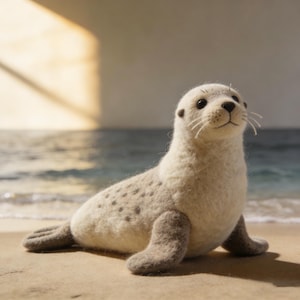 Peut inclure: Une figurine de phoque en feutre blanc cassé faite à la main, avec des taches gris foncé et des nageoires grises. Le phoque est posé sur une plage de sable avec un arrière-plan océanique flou. Le phoque a une expression souriante et des moustaches détaillées.