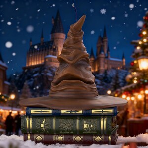 May include: A brown Sorting Hat rests on a stack of three books with gold detailing. The books are in front of a snowy scene with a castle and Christmas tree. A purple string extends from the hat.