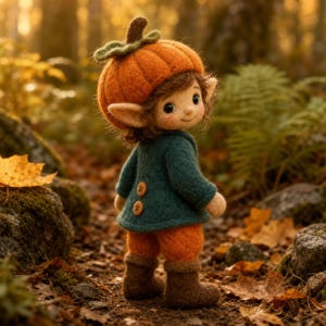 May include: A needle-felted doll with a pumpkin-shaped hat, wearing a dark teal jacket with two brown buttons and orange trousers. The doll has pointed ears, dark brown hair, and brown boots, standing upright with a soft, textured wool appearance.