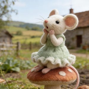 May include: A handcrafted felt mouse figurine wearing a light green dress, perched atop a brown mushroom with white spots. The mouse has pink ears and paws, with a long pink tail. The background features a blurred rural landscape.