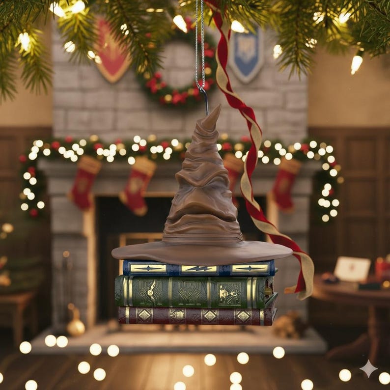 May include: A brown Sorting Hat Christmas decoration with three books beneath it. The ornament hangs from a silver chain and a red and gold ribbon. The background features a fireplace, fairy lights, and a festive wreath.