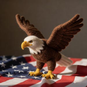 Puede incluir: Un águila de fieltro hecha a mano con las alas extendidas, plumas marrones, cabeza blanca y pico y garras amarillas. El águila se alza sobre una bandera estadounidense roja, blanca y azul, que simboliza el patriotismo y el orgullo nacional.