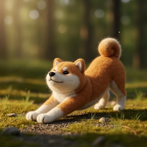 Könnte beinhalten: Ein Shiba Inu Hund aus Filz, der sich auf einer grasbewachsenen Fläche dehnt. Der Hund hat orange-weißes Fell, einen gerollten Schwanz und einen lächelnden Gesichtsausdruck. Der Hintergrund zeigt eine verschwommene Waldszene mit Sonnenlicht.