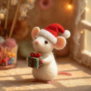 May include: A white felt mouse wearing a red and white Santa hat, holding a small green gift box with a red ribbon. The mouse has pink ears and a pink tail, and is a festive holiday decoration.