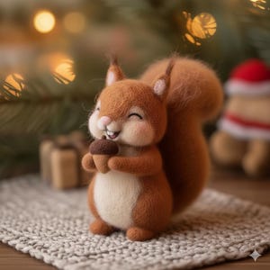 May include: A charming, handmade squirrel figure in shades of brown and cream, clutching a brown acorn. The squirrel has a bushy tail and is placed on a textured, light grey surface. The background includes blurred lights and foliage.