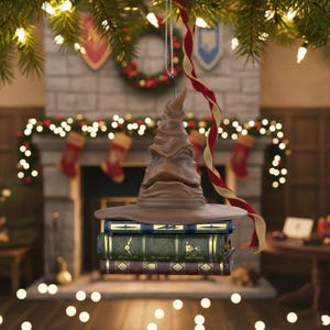 May include: A brown Sorting Hat Christmas tree ornament, resting on three books with green, blue, and burgundy covers. The background features a fireplace, festive decorations, and a red and white ribbon, creating a seasonal theme.
