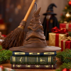 May include: A brown Sorting Hat ornament, resting on a stack of three decorative books. The hat features detailed folds and a wide brim. A broom and Christmas presents are in the background, suggesting a festive theme.