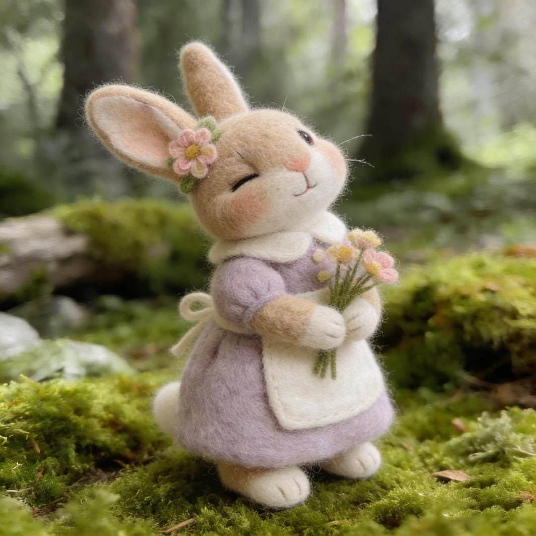 Needle Felted Bunny Plush Handmade, Cute Rabbit Holding Flowers, Wool ...