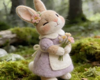 Needle Felted Bunny Plush Handmade, Cute Rabbit Holding Flowers, Wool Felt Bunny Doll, Spring Bunny Gift