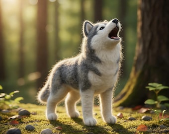 Naaldvilten husky puppy sculptuur | Handgemaakt wollen hondenbeeldje | Speelse huisdierkunst, hondenliefhebbercadeau, realistisch dierendecor voor huisje en huis
