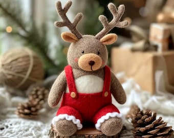 Lindo adorno navideño de reno de fieltro / Muñeco de reno de fieltro de lana hecho a mano / Decoración de regalo navideño / Relleno de calcetín coleccionable