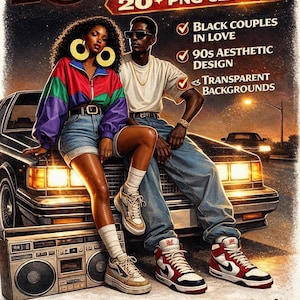 May include: Digital art featuring a couple in 90s attire, leaning on a classic car. The image includes a boombox, and text that reads "R&B Love" and "20+ PNG Cliparts". The image also includes the text "Black Couples in Love", "90s Aesthetic Design", and "Transparent Backgrounds".