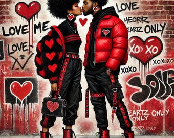 Imágenes prediseñadas románticas de amor al estilo callejero negro – Vibras de pareja urbana/Arte digital afrocéntrico