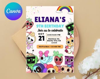 Editables Dandys World Birthday Invitaton, Dandys World Roblox Printable Biryhday Invites: Canva Digital Template