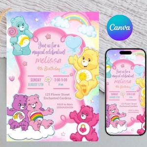 May include: A digital invitation featuring Care Bears, a rainbow, and the text "Join us for a magical celebration! Melissa 4th Birthday." The design includes a pink and purple color scheme with a smartphone displaying the same invitation.