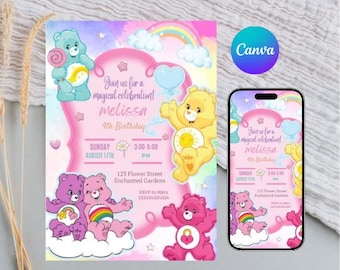 Troetelbeertjes verjaardagsuitnodiging, afdrukbare bewerkbare verjaardagsuitnodiging, sjabloon digitale feestuitnodiging, troetelbeertjes uitnodigingskaart