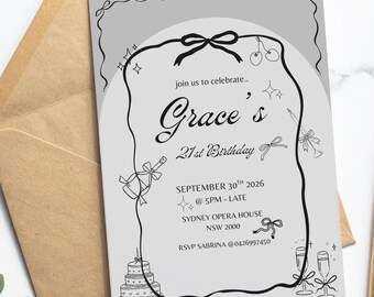 Invitación de cumpleaños general y con lazo coqueto, personalizable, diseño de doble cara, invitación de lujo para cumpleaños número 21.