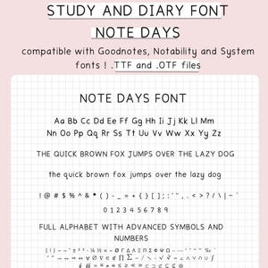 May include: Digital font named "Note Days" with a full alphabet, numbers, and symbols. The font is compatible with Goodnotes, Notability, and System fonts. The image shows the font's appearance and includes the text "The quick brown fox jumps over the lazy dog."