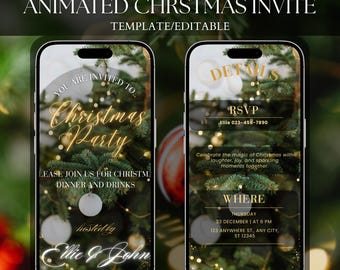 Animated Digital Christmas Party Invitation Template, Elegant Holiday Invite, Luxury Gold Canva Invite, Editable.