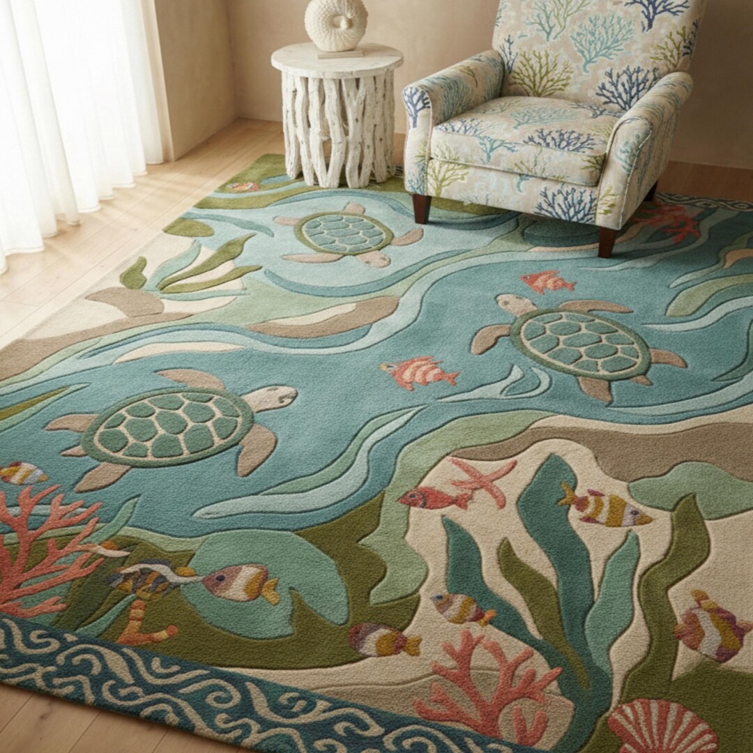 Sea Rug Animal Hand-tufted Coastal Sea Turtle Area Rug, Ocean Life Nursery Carpet ...
