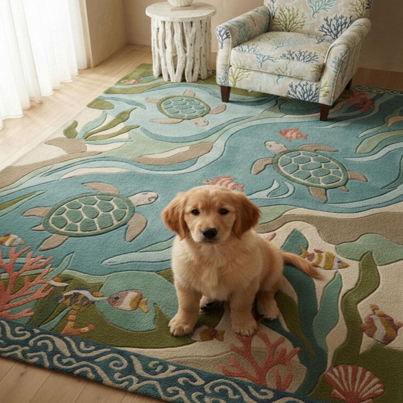 Hand-tufted Coastal Sea Turtle Area Rug, Ocean Life Nursery Carpet ...
