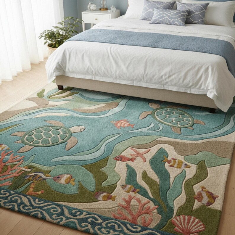 Hand-tufted Coastal Sea Turtle Area Rug, Ocean Life Nursery Carpet ...