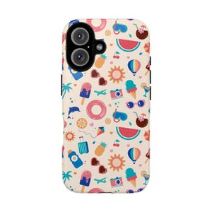 May include: A phone case with a cream background and a colorful summer-themed pattern. The design includes illustrations of watermelon slices, ice cream cones, sunglasses, and a hot air balloon. The case has a dual-lens camera cutout.