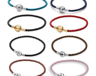 パンドラ シルバー / グレー編み込みレザーブレスレット、パンドラ