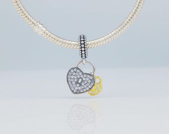 S925 Sterling Silver Double Heart Shaped Love Locks Rose Gold Plated Crystal Pave Pendant