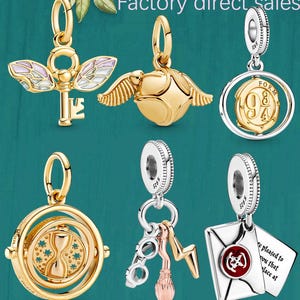 May include: A selection of gold and silver charms, featuring a winged key, a golden snitch, a Hogwarts Express ticket, and a time-turner. The charms are intricately designed and suitable for bracelets or necklaces.