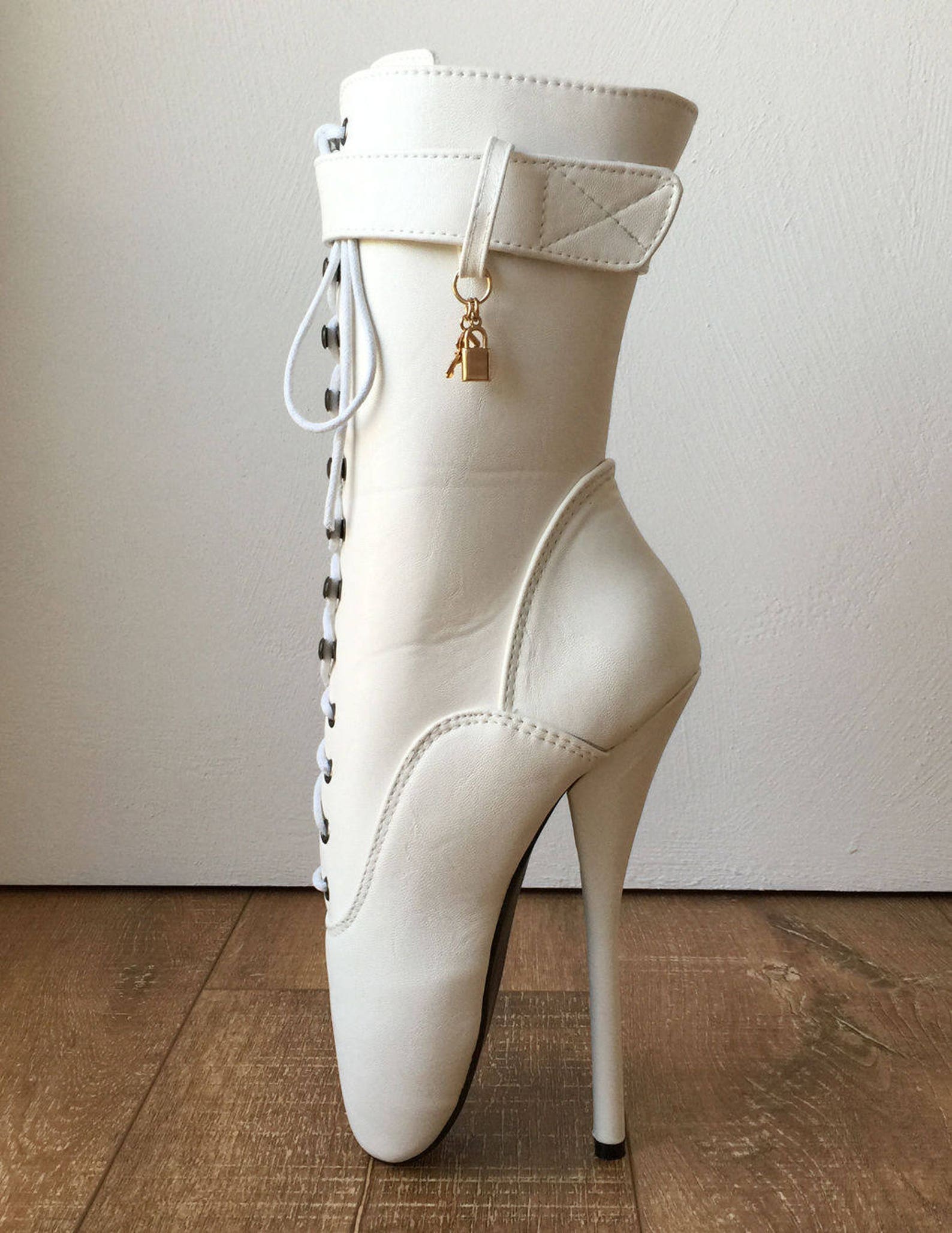 18cm fetish ballet pointe calf hi boot gold charm burlesque angel white matte