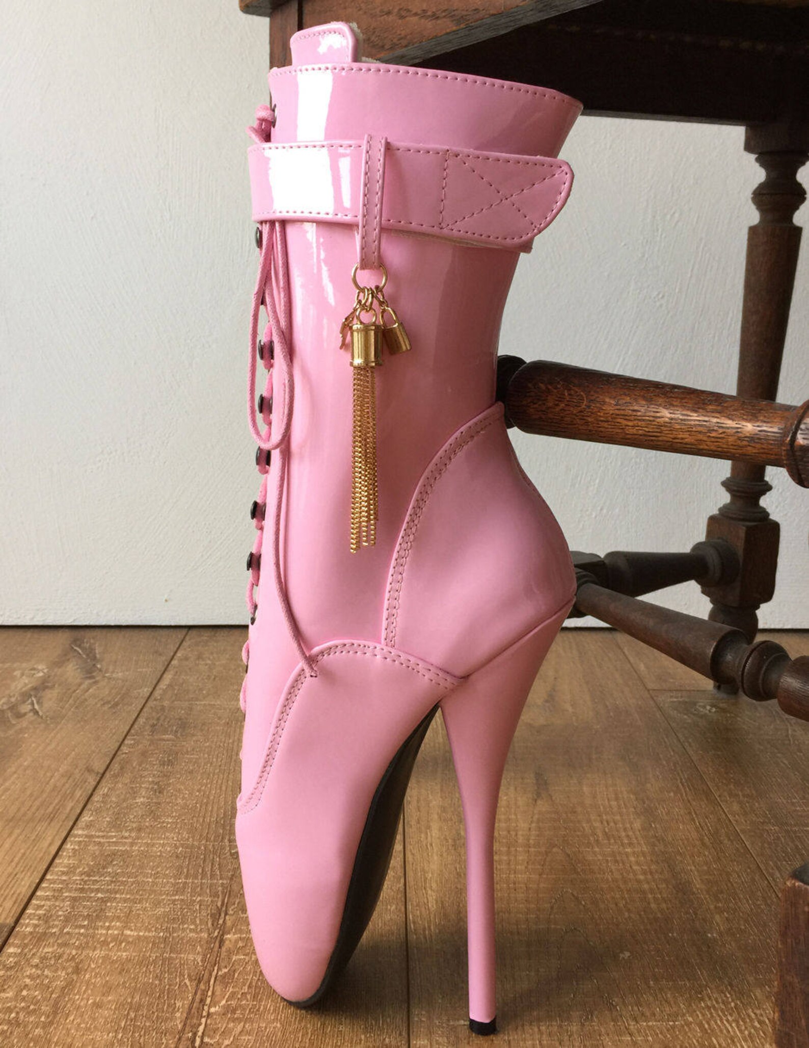 18cm fetish ballet calf hi boot gold metallic tassel charm burlesque patent pink