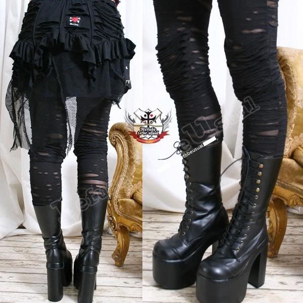 Black Mummy Zombie Broken Sheer Hole Corroded Tear Cut Gothic Punk Ultra Long Leggings with Knee Guard