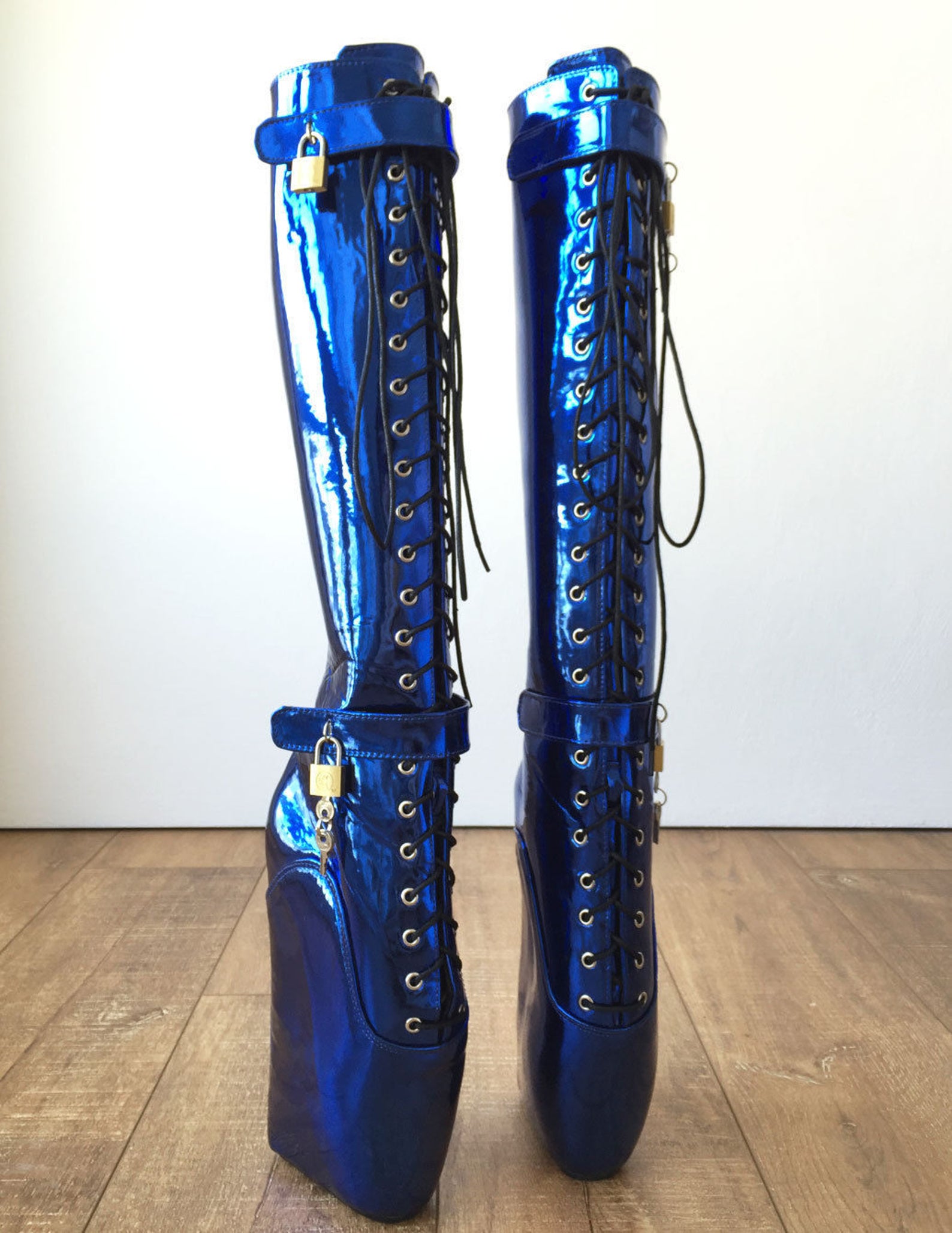 18cm beginner metallic blue heelless fetish punk goth pinup ballet lockable boot