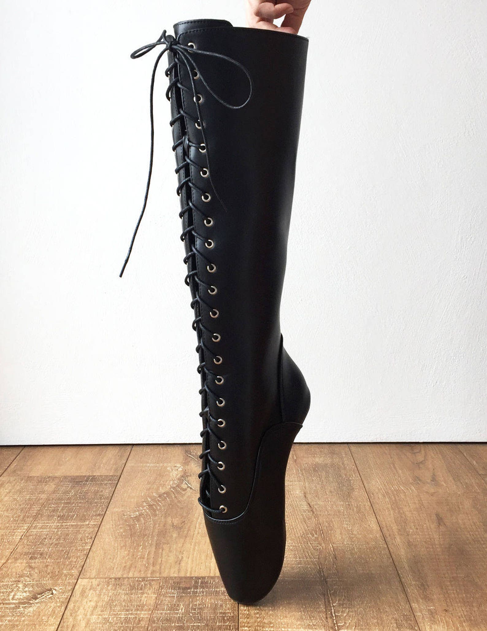 pointe (no zip) heelless lace up knee high ballet fetish pain boots black matte