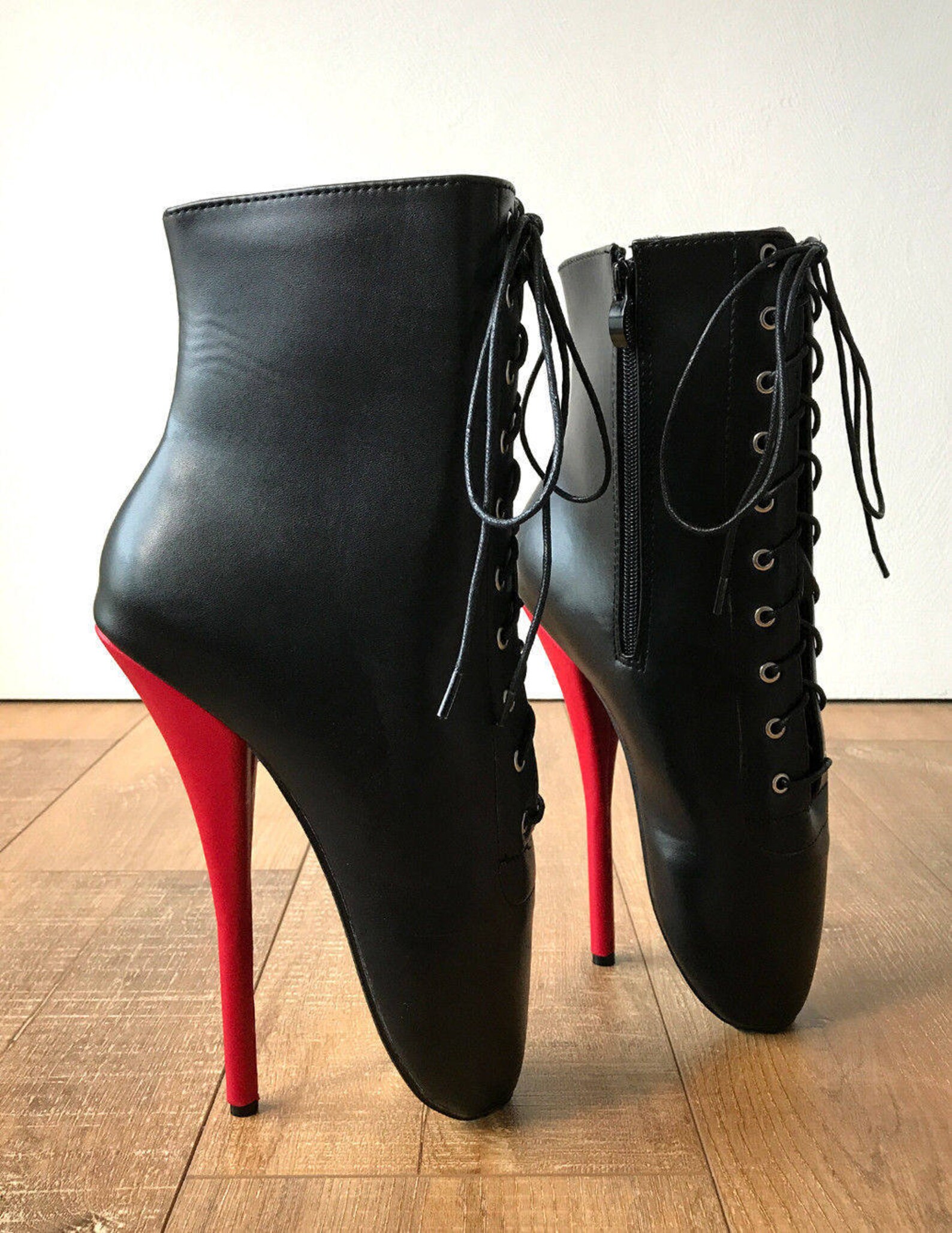 rtbu simona extreme fetish goth ballet laceup pvc boots black matte