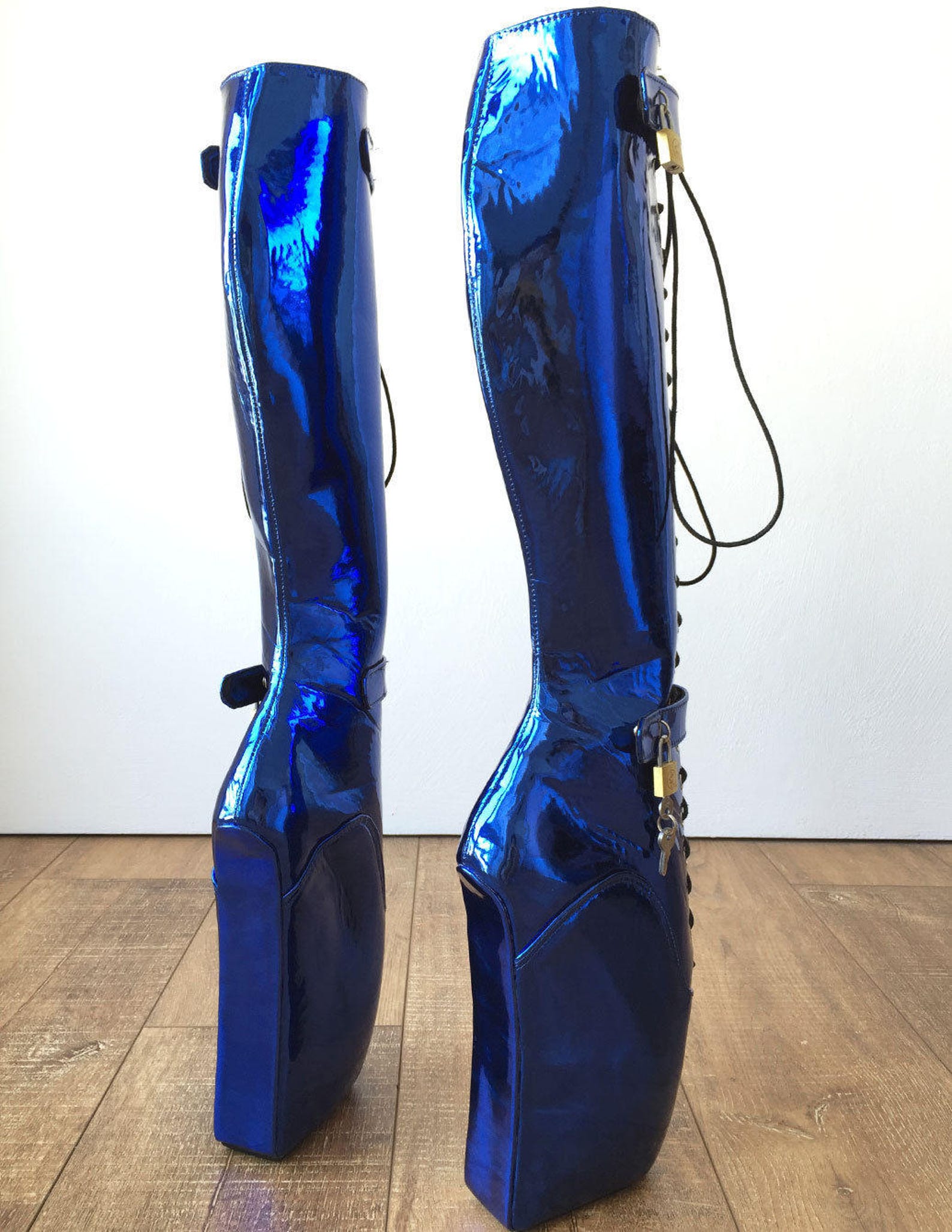 18cm beginner metallic blue heelless fetish punk goth pinup ballet lockable boot