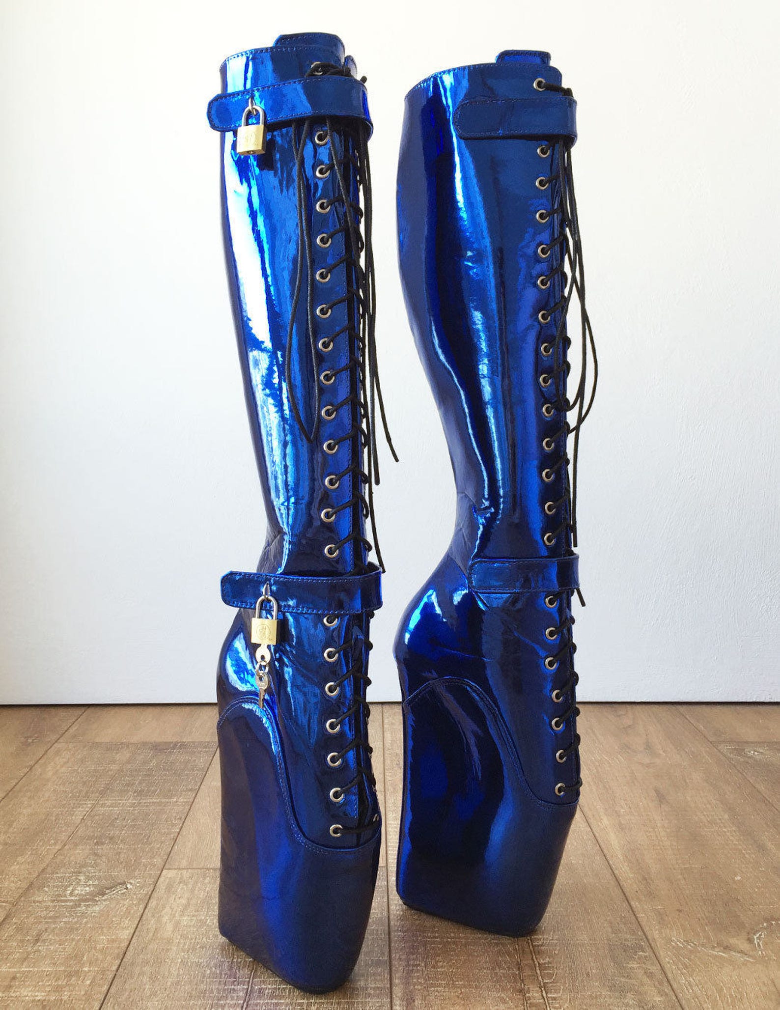 18cm beginner metallic blue heelless fetish punk goth pinup ballet lockable boot