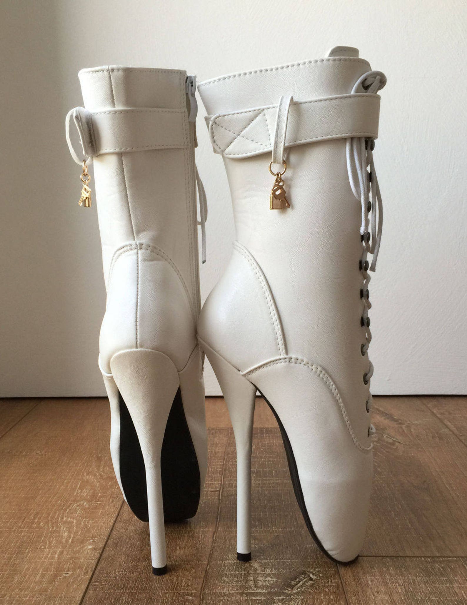 18cm fetish ballet pointe calf hi boot gold charm burlesque angel white matte