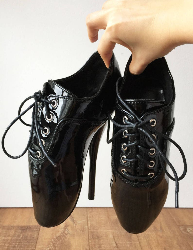 CHAPLIN A Ballet Stiletto Fetish Below Ankle Booties Oxford Pointe Black Patent