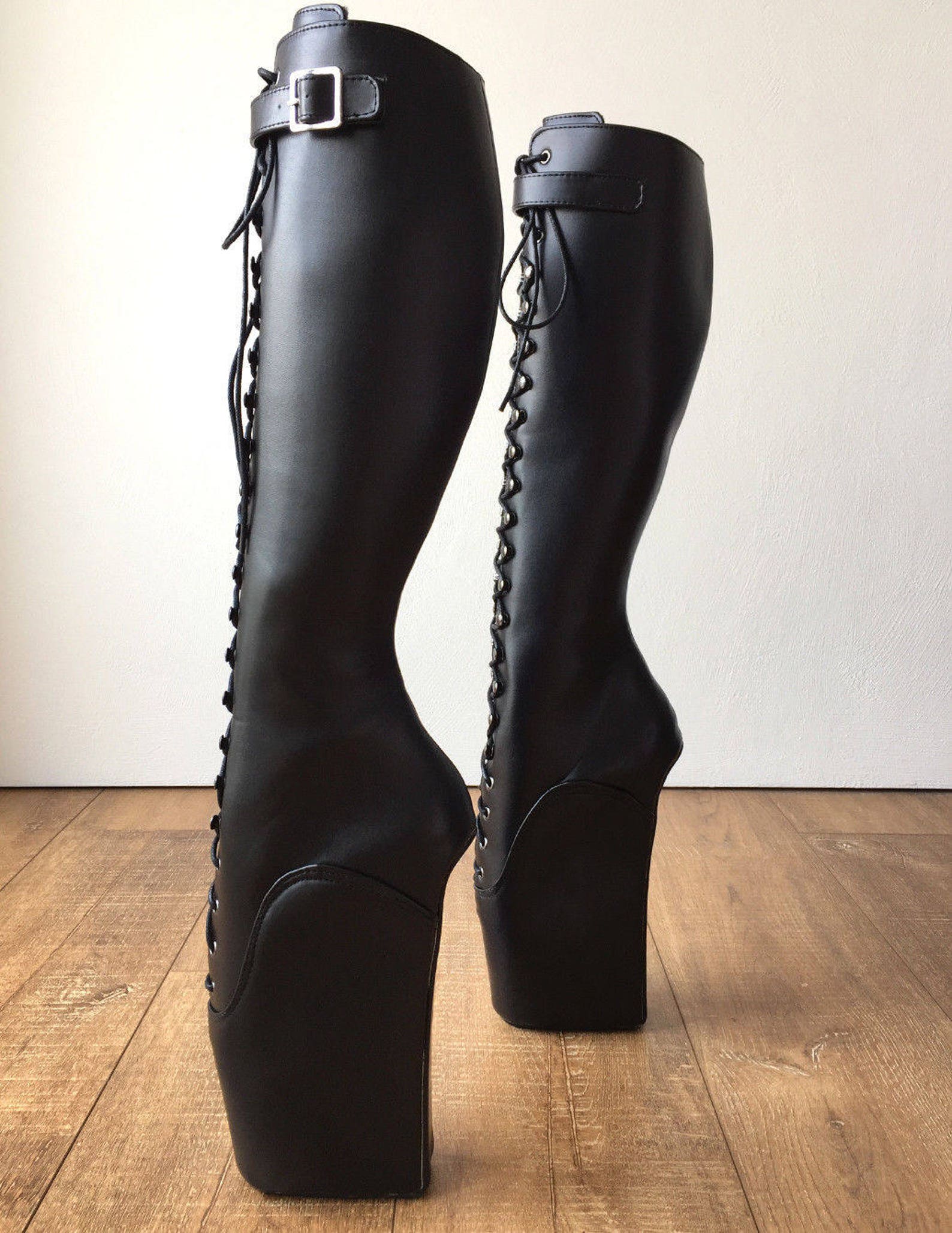 rtbu jason ballet wedge laceup knee hi boots hoof strap fetish dominatrix black