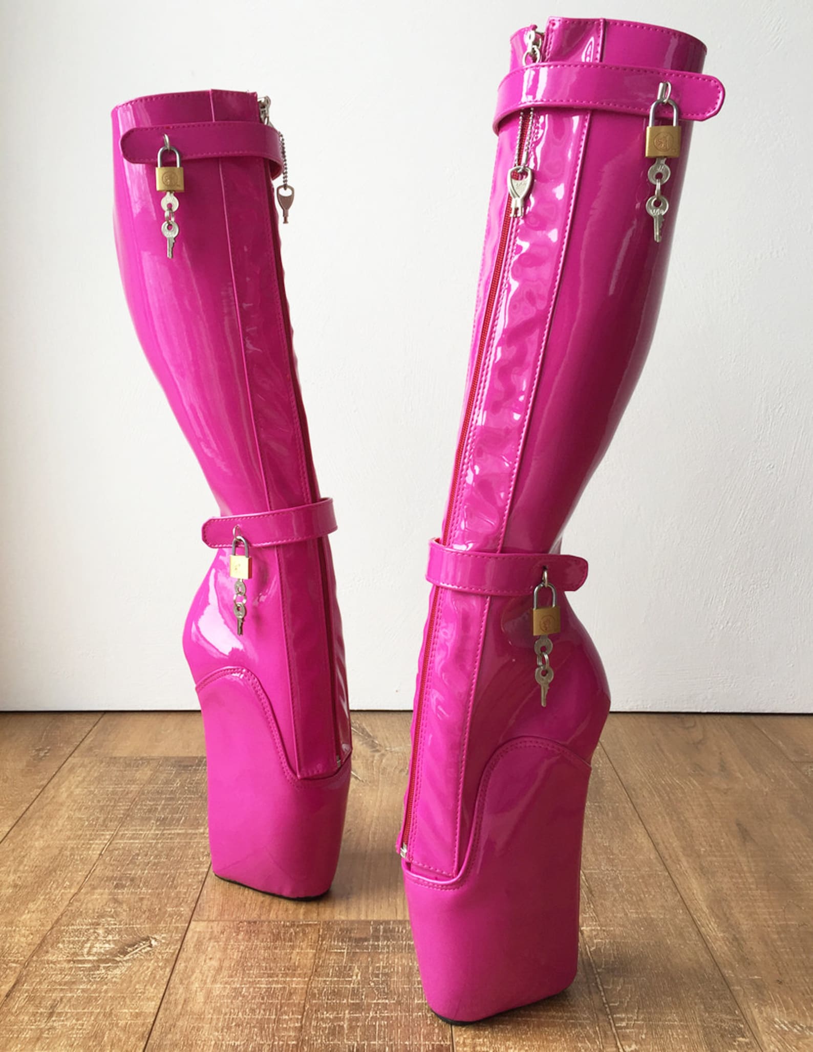 rtbu 6 keys locking zip beginner ballet wedge boots fetish dominatrix hot pink patent