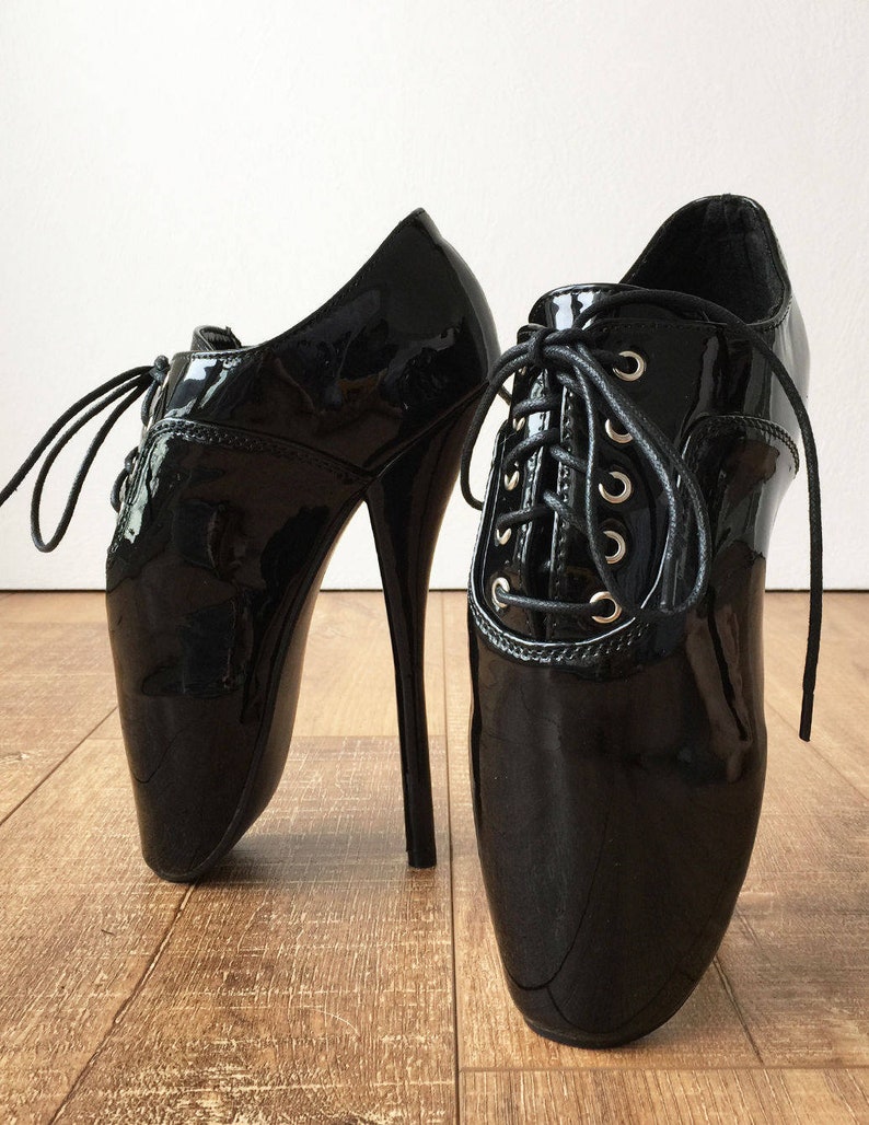 CHAPLIN A Ballet Stiletto Fetish Below Ankle Booties Oxford Pointe Black Patent