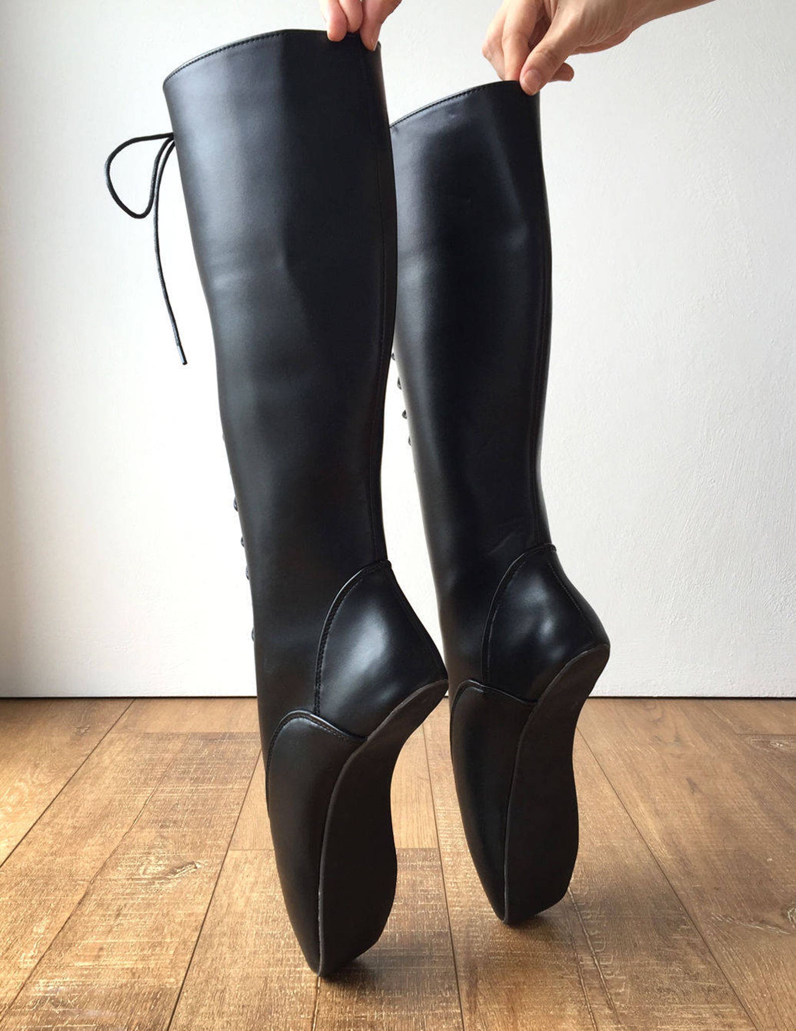pointe (no zip) heelless lace up knee high ballet fetish pain boots black matte