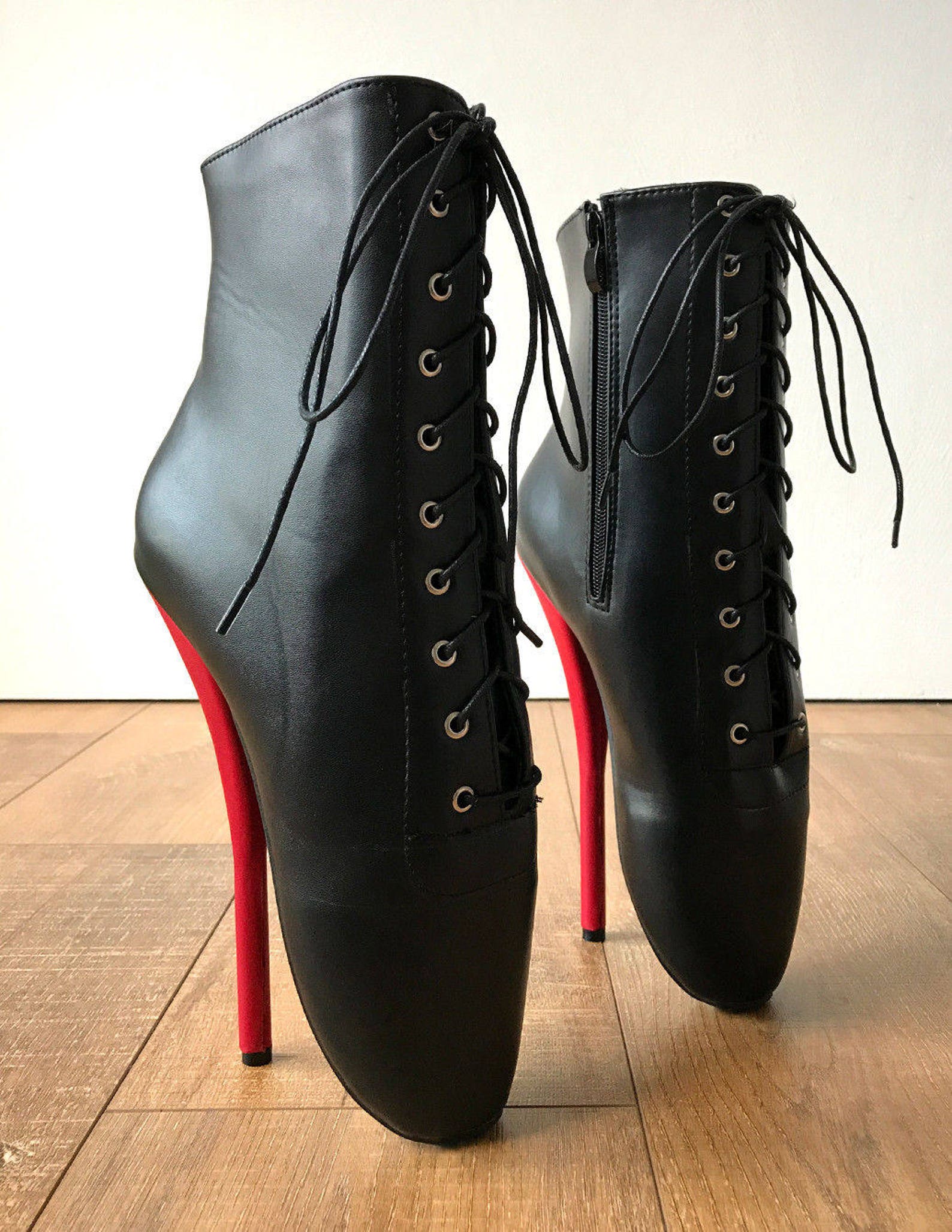 rtbu simona extreme fetish goth ballet laceup pvc boots black matte