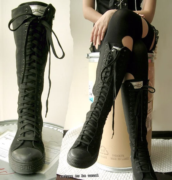 20 Hole Punk Rock Men Women Canvas Laceup Knee Hi Mono Black Sneaker Flat Boot